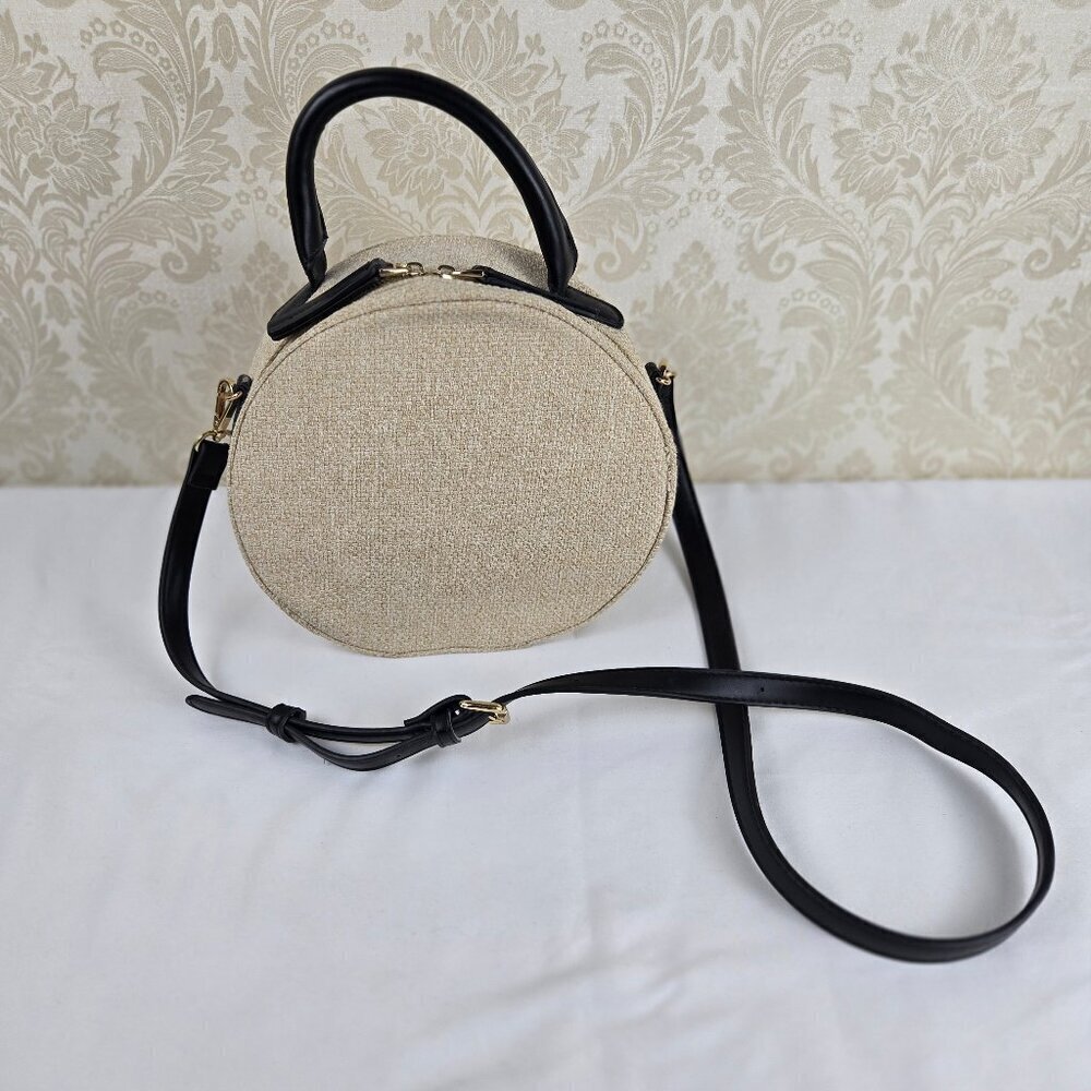 Moda Luxe Round Crossbody Bag w/ Top Handle Cream Cotton Black Faux Leather